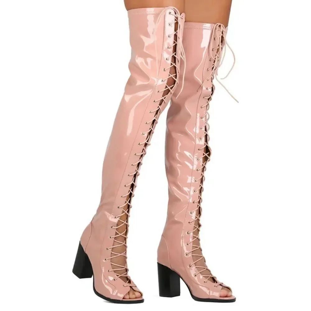 Cape Robbin light Pink Patent Synthetic Thigh High LaceUp Chunky Heel Bo…